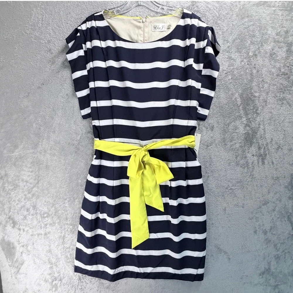 Eliza J Nautical Stripe Dress 12 Chartreuse Sash Coastal Prep Derby Cruise